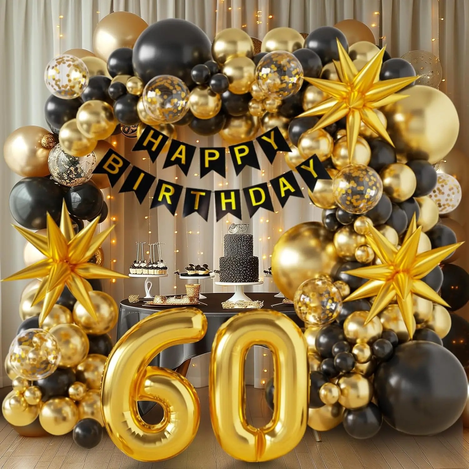 Party Banner Gold - 40/50/60th Birthday Decorations, Black Gold Balloon