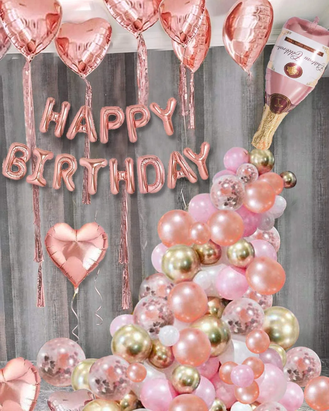 Party Banner Gold - Rose Gold Happy Birthday Banner Balloons