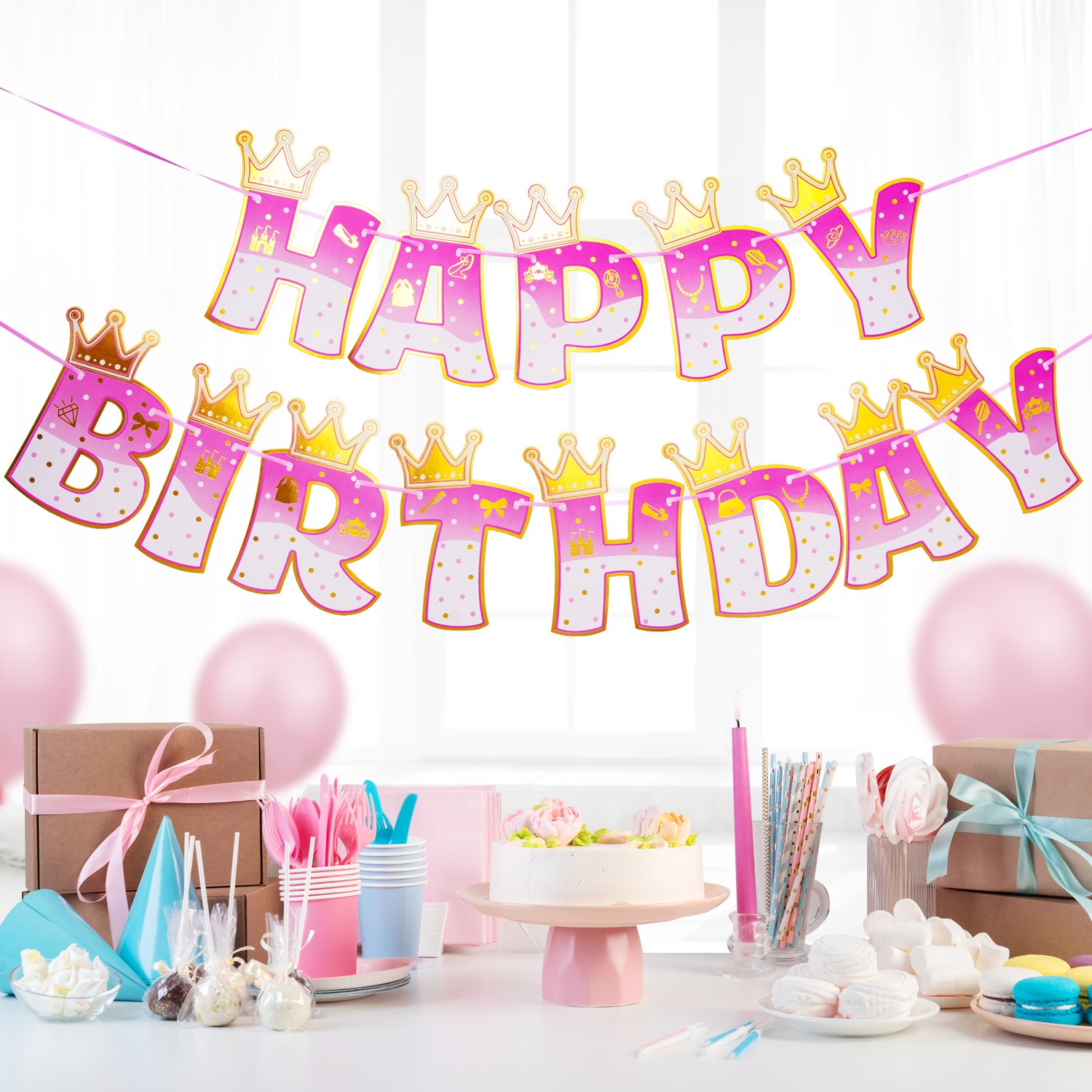 Pink Stamping Gold Crown Theme - Party Banner Gold ulasan dan harga