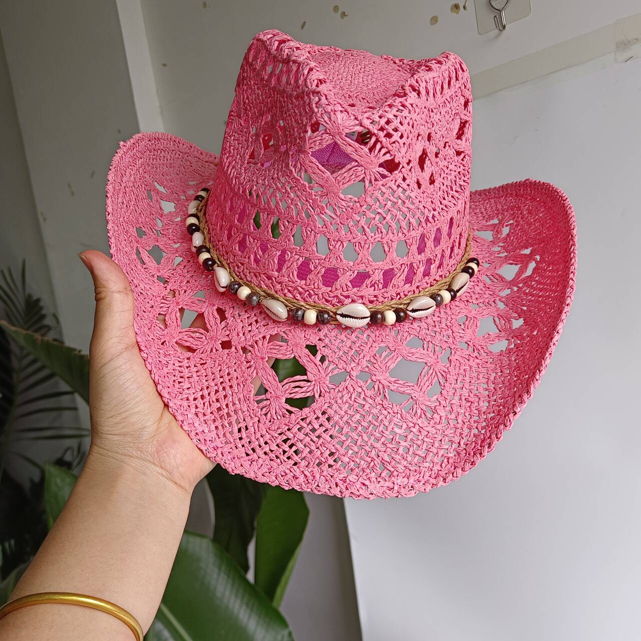 Pink Cowboy straw hat  hollow  - Paper Straw Color ulasan dan harga